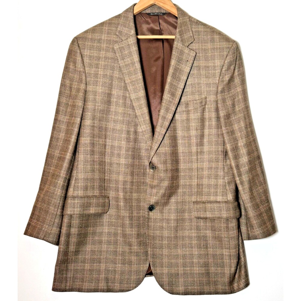 Gene Hiller Loro Piana Mens 46L Cashmere Brown Plaid Sport Coat Blazer Luxury